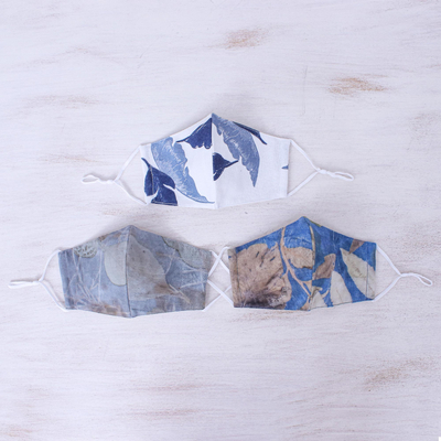 Cotton face masks, 'Blue Nature' (set of 3) - 3 Eco-Dyed Blue-White-Grey Print Cotton 3-Layer Face Masks