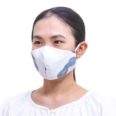 Gesichtsmasken aus Baumwolle, (3er-Set) - 3 umweltfreundlich gefärbte 3-lagige Gesichtsmasken aus blau-weiß-bedruckter grauer Baumwolle