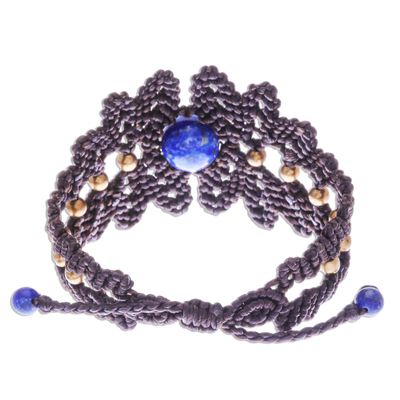Lapis lazuli macrame bracelet, 'Bohemian Flower' - Lapis and Brass Beaded Macrame Bracelet