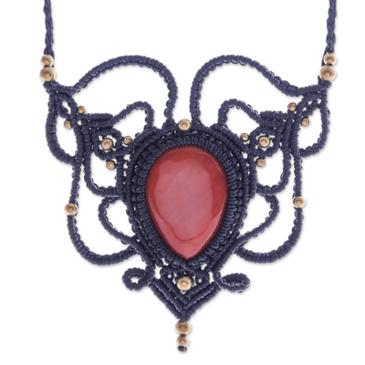 Jasper macrame pendant necklace, 'Bohemian Elegance' - Adjustable Red Jasper and Macrame Necklace