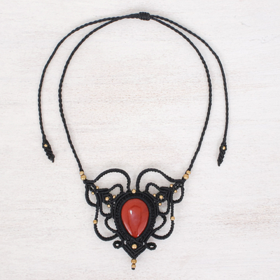Jasper macrame pendant necklace, 'Bohemian Elegance' - Adjustable Red Jasper and Macrame Necklace