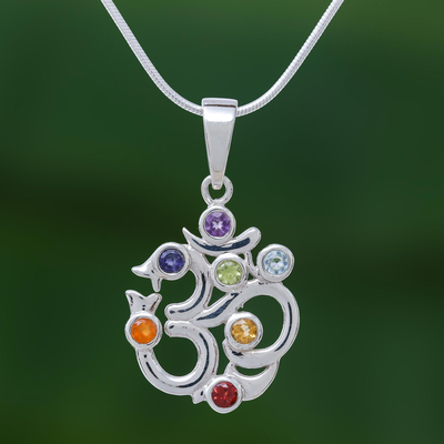 Multi-gemstone pendant necklace, 'Omkara Rainbow' - Thai Sterling Silver Omkara Necklace with 7 Gemstones
