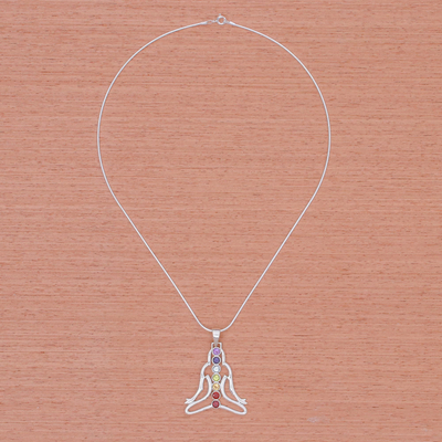 Multi-gemstone pendant necklace, 'Seven Chakra Rainbow' - Thai Gemstone and Sterling Silver 7 Chakra Necklace