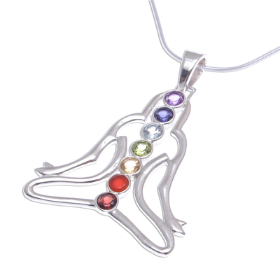Thai Gemstone and Sterling Silver 7 Chakra Necklace - Seven Chakra Rainbow