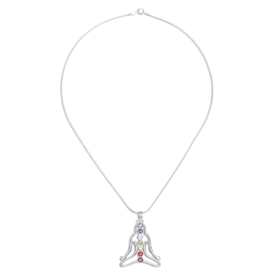 Multi-gemstone pendant necklace, 'Seven Chakra Rainbow' - Thai Gemstone and Sterling Silver 7 Chakra Necklace