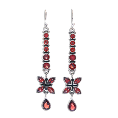 Garnet dangle earrings, 'Scarlet Butterfly' - Thai Garnet and Sterling Silver Butterfly Dangle Earrings