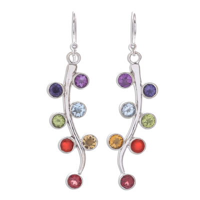 Multi-gemstone dangle earrings, 'Rainbow Buds' - Thai Sterling Silver Dangle Earrings with 7 Different Gems