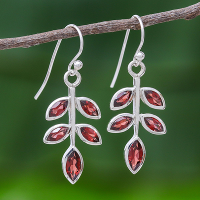 Garnet dangle earrings, 'Apple Leaves' - Thai Garnet and Sterling Silver Leaf Dangle Earrings