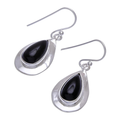 Onyx dangle earrings, 'Teardrop Halo' - Thai Modern Teardrop Black Onyx and Sterling Silver Earrings