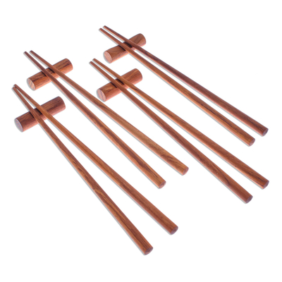 Teak wood chopsticks set, 'Smooth Meal' (set of 4) - Teak Chopstick Set of 4 with Rests