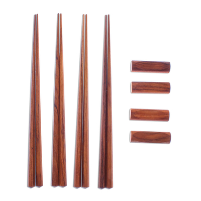 Teak wood chopsticks set, 'Authentic Meal' (set of 4) - Hexagonal Teak Chopstick Set of 4 with Rests