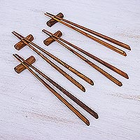 Teak wood chopsticks, 'Miraculous' (set of 4)