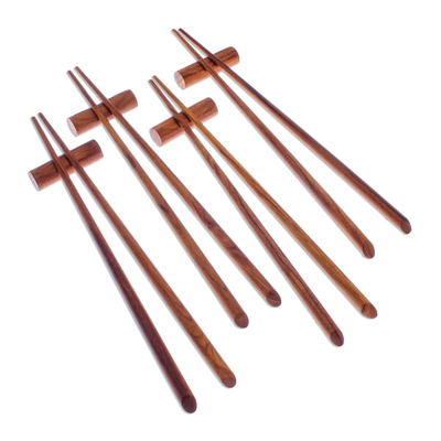 Teak wood chopsticks, 'Miraculous' (set of 4) - Teak Wood Chopsticks from Thailand Set of 4 with Rests