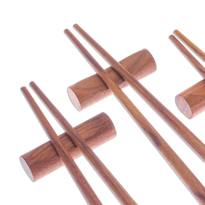 Teak wood chopsticks, 'Miraculous' (set of 4) - Teak Wood Chopsticks from Thailand Set of 4 with Rests
