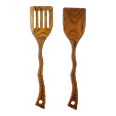 Teak wood spatulas, 'Kitchen Harmony' (pair) - Food-Safe Hand Crafted Teak Wood Spatulas (2)