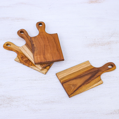 Mini teak wood serving boards, 'Kitchen Fun' (set of 4) - Unique Teak Wood Mini Cutting and Serving Boards (Set of 4)