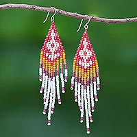 Beaded waterfall earrings, 'Bold Cascade in Red' - Rhombus Shaped Beaded Waterfall Earrings