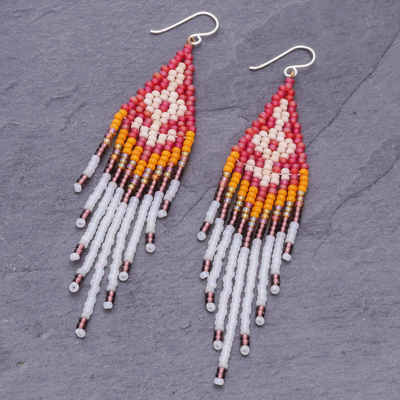 Beaded waterfall earrings, 'Bold Cascade in Red' - Rhombus Shaped Beaded Waterfall Earrings
