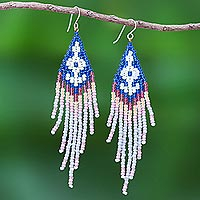 Beaded waterfall earrings, 'Bold Cascade in Blue' - Multicolored Long Beaded Waterfall Earrings
