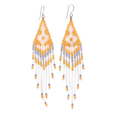 Orange Beaded Waterfall Earrings with Silver Hooks