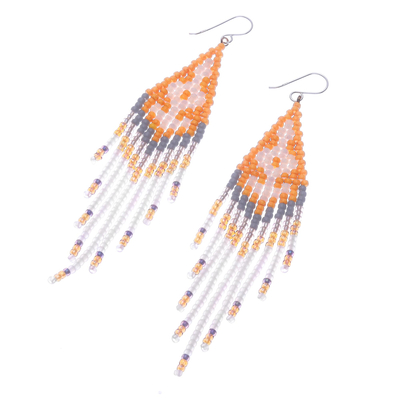 Beaded waterfall earrings, 'Bold Cascade in Orange' - Orange Beaded Waterfall Earrings with Silver Hooks