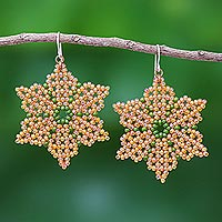 Orange and Green Snowflake Shaped Beaded Earrings,'Unique Creation in Orange'