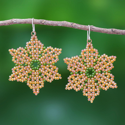 Orange and Green Snowflake Shaped Beaded Earrings - Unique Creation in  Orange