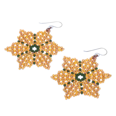 Orange and Green Snowflake Shaped Beaded Earrings - Unique Creation in  Orange