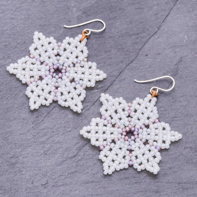 Beaded dangle earrings, 'Unique Creation in White' - White Snowflake Dangle Earrings from Thailand