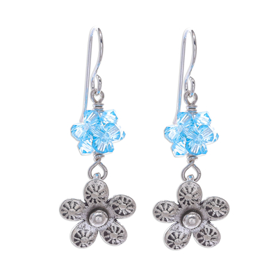 Silberne Ohrhänger - Blumenohrringe aus 950er Silber mit blauen Glasperlen