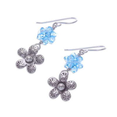 Silver dangle earrings, 'Hill Tribe Sparkle' - 950 Silver Flower Earrings with Blue Glass Beads