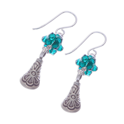 Silver dangle earrings, 'Karen Sparkle in Emerald' - Emerald Green Beaded 950 Silver Earrings
