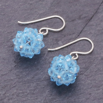 Glass beaded dangle earrings, 'Sky Sparkle' - Sky Blue Beaded Earrings with Sterling Hooks