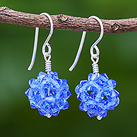 Glass beaded dangle earrings, 'Azure Sparkle' - Blue Glass Bead Earrings with Sterling Silver Hooks