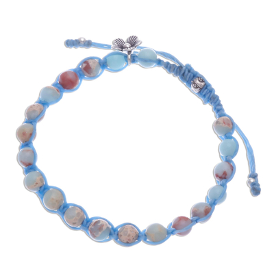 Jasper beaded charm bracelet, 'Blue Planet' - Flower Charm Jasper Beaded Bracelet from Thailand