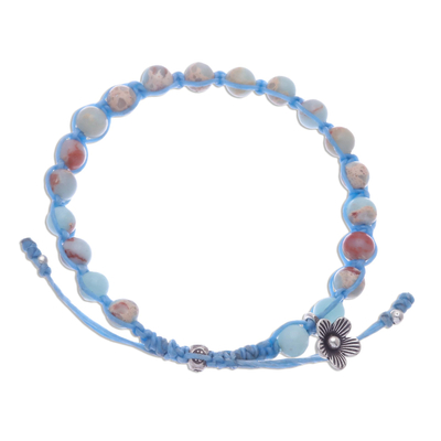 Jasper beaded charm bracelet, 'Blue Planet' - Flower Charm Jasper Beaded Bracelet from Thailand