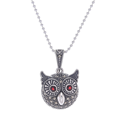 Garnet and marcasite pendant necklace, 'Bright-Eyed Owl' - Marcasite and Garnet Owl Pendant Necklace