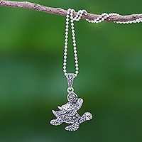 Marcasite pendant necklace, 'Turtle Ride' - Sterling Silver and Marcasite Turtle Pendant Necklace