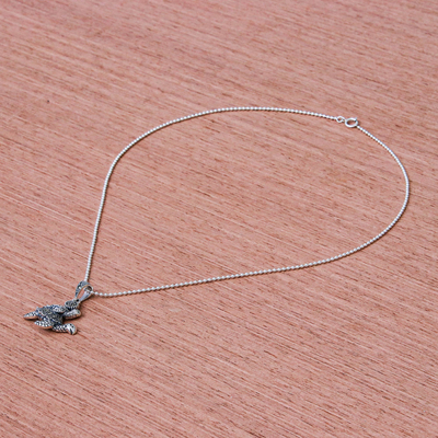 Marcasite pendant necklace, 'Turtle Ride' - Sterling Silver and Marcasite Turtle Pendant Necklace