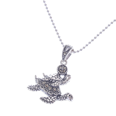 Marcasite pendant necklace, 'Turtle Ride' - Sterling Silver and Marcasite Turtle Pendant Necklace