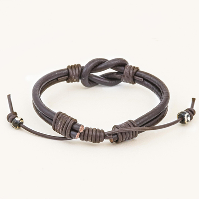 Leather unity bracelet, 'Unity and Strength' - Thai Handmade Brown Leather Cord Unity Bracelet