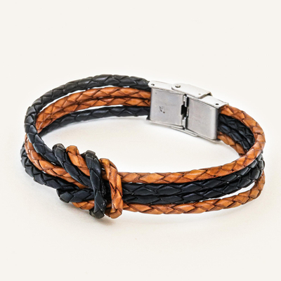 Leather braided unity bracelet, 'Nostalgia Unity' - Handmade Brown & Black Leather Braid Unity Bracelet