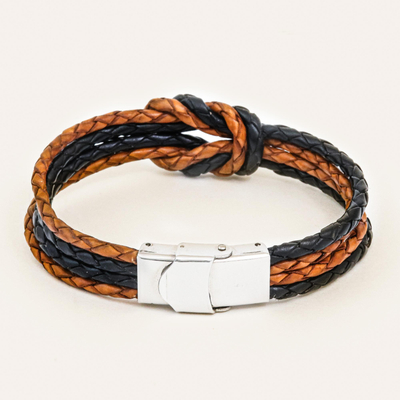 Leather braided unity bracelet, 'Nostalgia Unity' - Handmade Brown & Black Leather Braid Unity Bracelet