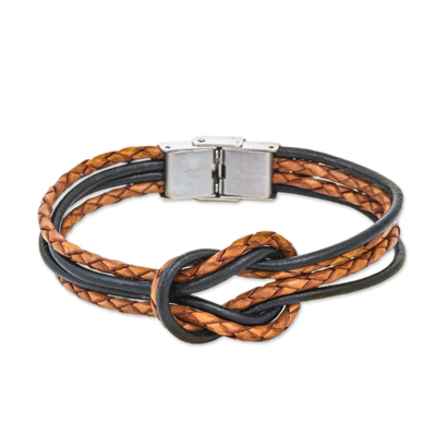Thai Brown Leather Braid & Black Cord Unity Bracelet
