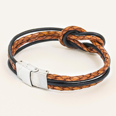 Leather braided unity bracelet, 'Unity and Nostalgia' - Thai Brown Leather Braid & Black Cord Unity Bracelet