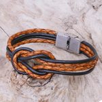 Leather braided unity bracelet, 'Unity and Nostalgia' - Thai Brown Leather Braid & Black Cord Unity Bracelet