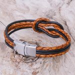 Leather braided unity bracelet, 'Unity and Nostalgia' - Thai Brown Leather Braid & Black Cord Unity Bracelet