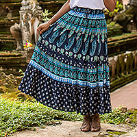 Falda escalonada de rayón, 'Paisley Promise' - Falda azul de rayón Paisley de Thai Artisans