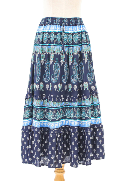 falda a capas de rayón - Falda de rayón Paisley azul de Thai Artisans