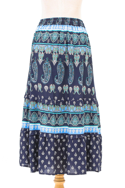 Rayon tiered skirt, 'Paisley Promise' - Blue Paisley Rayon Skirt from Thai Artisans